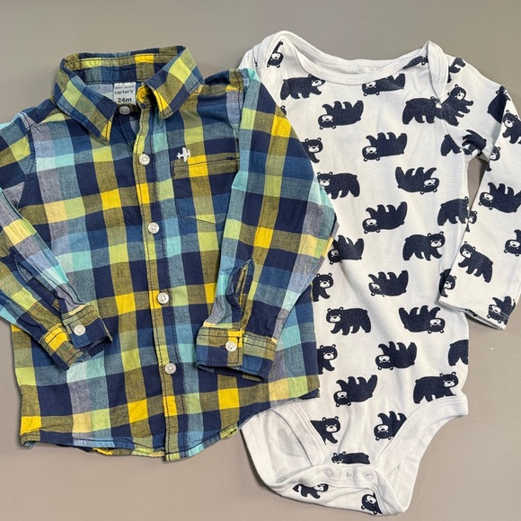 Other - 💜3/$15 Plaid Button Up Shirt and Bear Print Onesie Set
